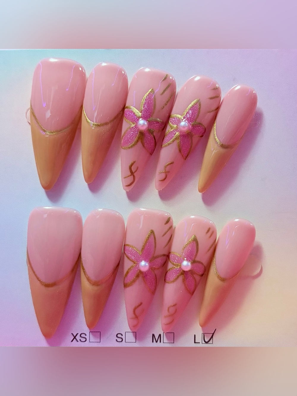 Pink Floral Press-On Nails with Gold Accents